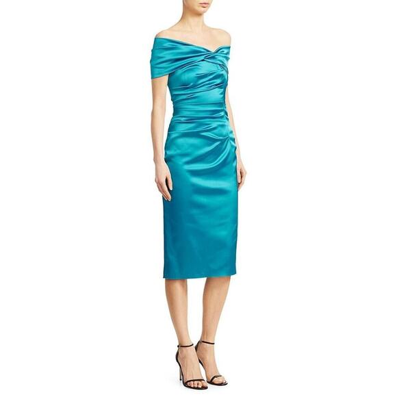 Talbot Runhof Ruched Satin Cocktail Dress Danube Size 6 NWT - Picture 2 of 10